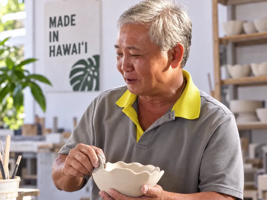 A potter smoothing the rim of a bowl in his studio, under a Made in Hawaiʻi sign.