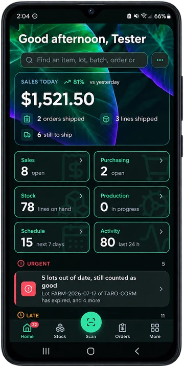 TaroStack's home screen on a phone, in the Kalo night colors